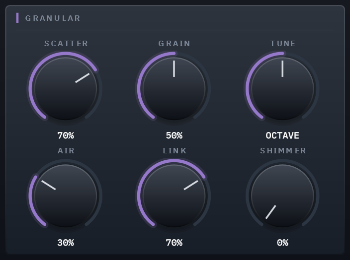 The GRANULAR section showing the Tune and Shimmer knobs